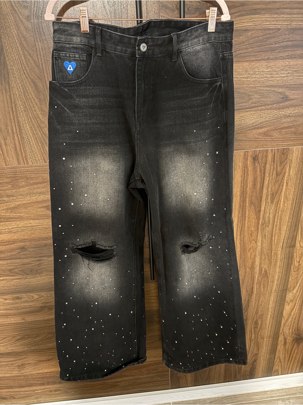Aelfric Eden Black Distressed wide leg Jeans with Silver Studs rhinestone